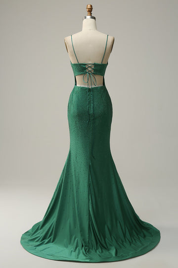 Mermaid Spaghetti Straps Mörkgrön Lång Balklänning med pärlor